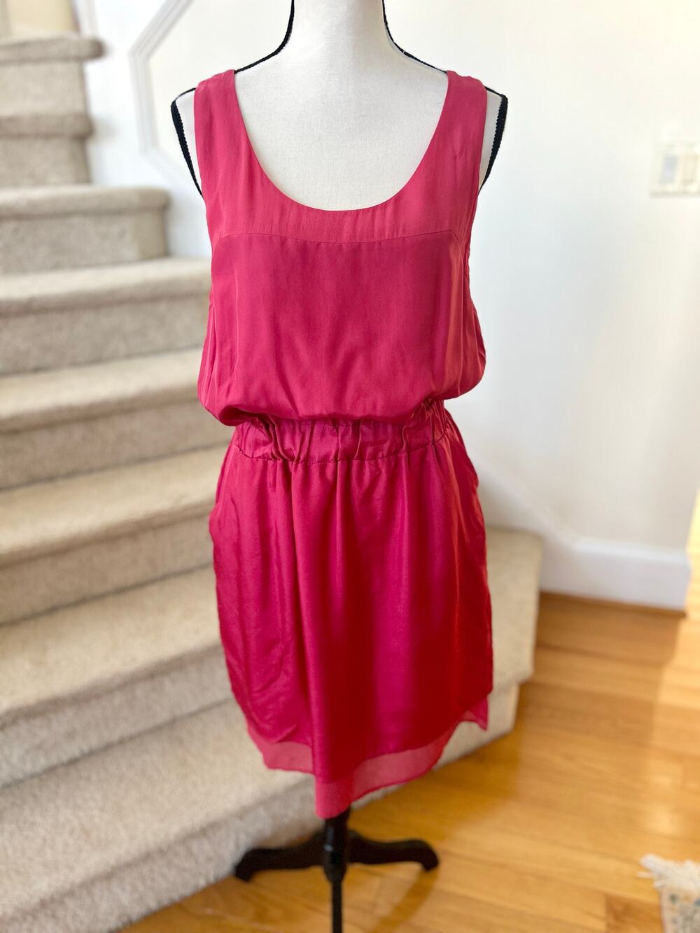 Banana Republic Hot Pink Silk Scoop Neck Sleeveless Blouson Mini Dress